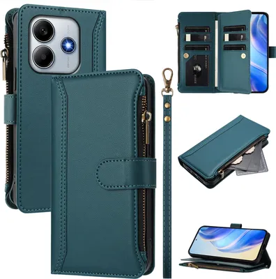 Immagine prodotto di Custodia per Xiaomi Redmi Note 14 5G/Poco M7 Pro 5G, con cerniera, portafoglio in Finto cuoio con tasche per carte, supporto e passante per mano verde