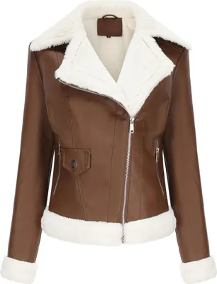Image de ASKSA Veste en cuir pour femmes PlueschPolyuréthaneVeste d'hiver courte fermeture éclair col revers Veste de moto, café, 3XL