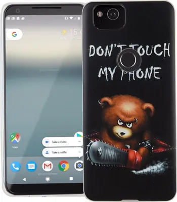 Produktbild von Handy Hülle für Google Pixel 2 Cover Case Schutz Tasche Motiv Slim Silikon TPU Schriftzug Bär mit Kettensäge