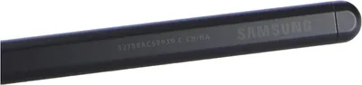 A close-up of a black stylus pen with embossed text.