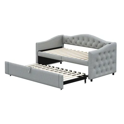 Produktbild von Flieks Polsterbett 90x200cm mit Ausziehbett 90x190cm, Tagesbett Daybed Funktionsbett mit Lattenrost, Jugendbett mit USB, Holzbett Leinen, Grau