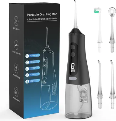 Produktbild von Munddusche, Kabellose Munddusche mit 9 Modi & 4 Düsen, 350ML Abnehmbarer Wassertank, leise und wiederaufladbar, Wasser Flosser für Zuhause, unterwegs