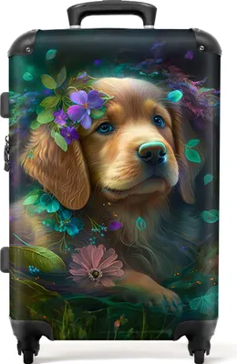 Produktbild von NoBoringSuitcases.com® Großer Koffer - Hund - Welpe - Blumen - Natur - Golden Retriever - Kombinationsschloss TSA - Hartschalen Trolley 4 Rollen - 72 liter - Reisekoffer - 66 cmKoffer Mittelgroß 67x43x25 cm, 72L,