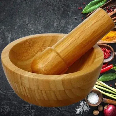 Image de Mortier en bambou avec pilon Ø 13 cm - Pour broyer et moudre finement les herbes - Mortier en bambou et pilon - Dimensions : 13 x 13 x 5,5 cm