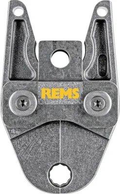 A close-up, top-down view of a Rems press jaw for a pipe pressing tool.