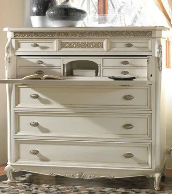 Produktbild von Casa Padrino Luxus Barock Schreibkommode mit 9 Schubladen Antik Weiß / Silber 130 x 57 x H. 127 cm - Luxus Qualität - Edle Barock Möbel