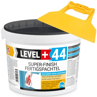 Produktbild von Super Finish Fertigspachtel Q1-Q4 Spachtelmasse 5kg Perfekt Glatt Weiß Innenbereich + Kunststoffspachtel Fugenspachtel ohne Zahnung Set RM44
