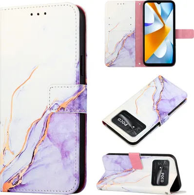 Produktbild von Xiaomi Poco M4 Pro 4G Hülle, Marmor Motiv Kunstleder Tasche Wallet Kartenfächer mit Standfunktion Klapp Schutzhülle für Xiaomi Poco M4 Pro 4G Weiß Lila