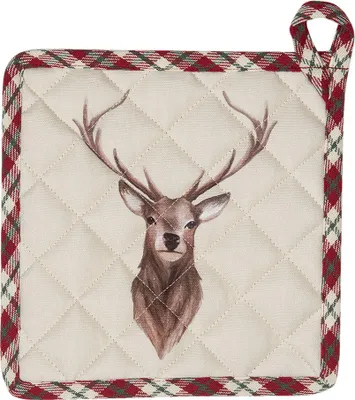 Produktbild von Clayre & Eef Topflappen 20x20 cm Beige Rot Baumwolle Hirsch