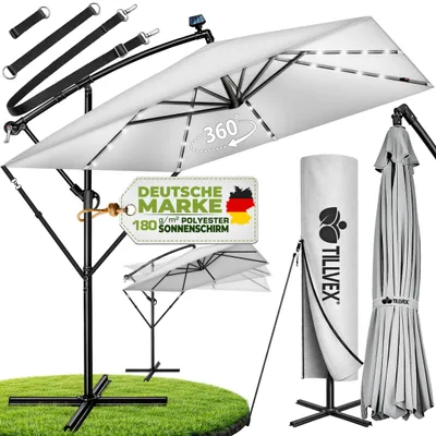 Obrázok produktu pre tillvex® Hliníkový slnečník obdĺžnikový Ø 330 cm s LED Solar Grey + kryt s kľukou | konzolový slnečník so stojanom a vetrovkou | záhradný slnečník s UV ochranou, vodotesný, otočný o 360° | slnečník s kľukou na trhu