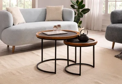 Produktbild von Couchtisch 2er Set Rund Holz / Steinoptik Wohnzimmertisch Satztisch