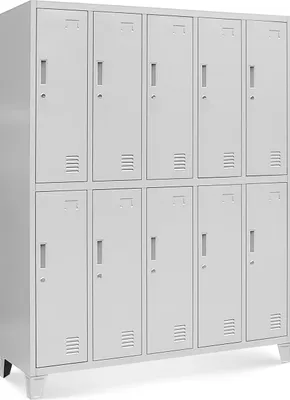 A row of gray metal lockers against a white background.