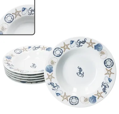 Obrázek produktu pro Neptun sada 6 námořních polévkových talířů hluboké talíře porcelán 6 pers kotva