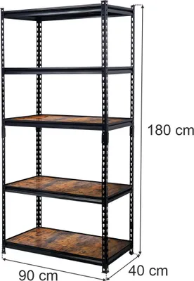 Zdjęcie produktu dla Regał magazynowy loftowy industrialny pojedynczy Mega-M Pro Loft 180x90x40 cm 5 półek z MDF 6,2 mm okleina drewno 275kg czarny