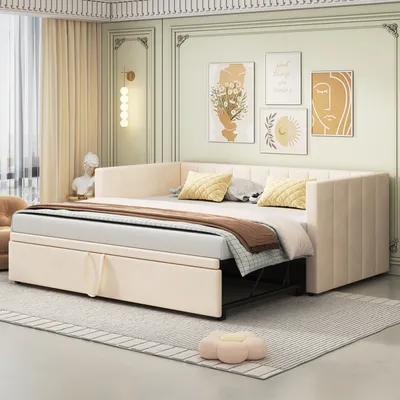 Produktbild von MODFU Schlafsofa Ausziehbares Tagesbett 90x200cm/180x200 mit Lattenrost, Polsterbett Daybett Kinderbett Jugendbett, Samtstoff BeigeOhne Matratze)