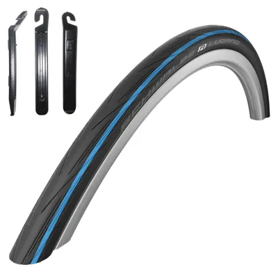 Obrázok produktu pre 1 x Plášte na pretekársky bicykel Schwalbe Lugano, čierna/modrá páska, 700 x 25C (25-622), vrátane páčidiel na plášte