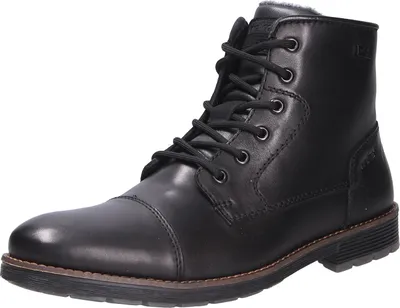 A black leather boot on a white background.
