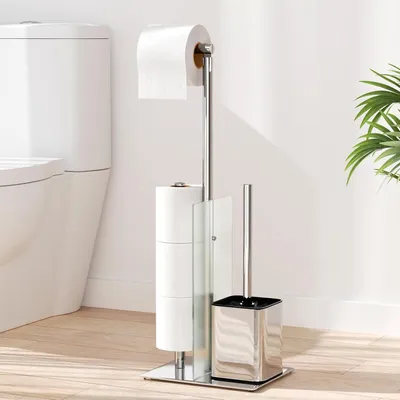 Image de Support de papier toilette Debout avec brosse WC et étagère en verre Argenté