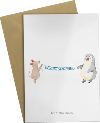 Produktbild von Mr. & Mrs. Panda Grußkarte Maus Pinguin Geburtstag - Weiß - Geschenk, Happy Birthday, Geburtstage, einladungskarten, dankeskarten, Beileidskarte, glückwunschkarten