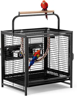 Produktbild von FCH Vogelkäfig für Wellensittiche und Papageien, Voliere mit Holzgriff, Abnehmbarer Wanne, 65 x 48 x 37 cm
