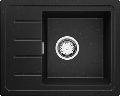 A top-down view of a black granite kitchen sink with a drain and a ribbed drying area.