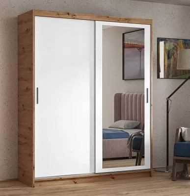 Image de BEAUTYSOFA HELA armoire 100 cm - armoire à deux portes avec portes coulissantes, armoire avec miroirs et tringle à vêtements, (Artisan + blanc)