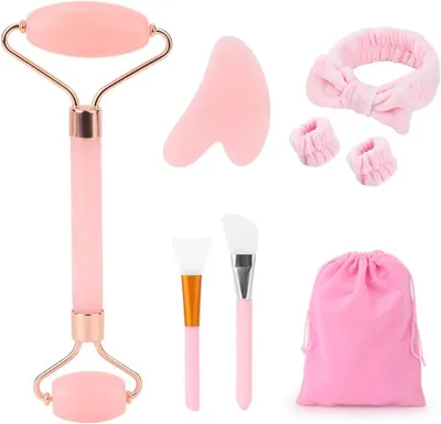 Produktbild von Gesichtsmassageset mit Jade Roller und Gua Sha Stein, Rosenquarz, für Gesicht und Hals