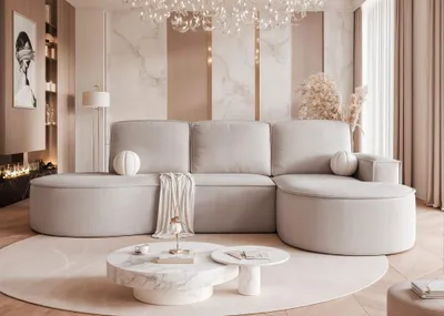 Productafbeelding van Eckbank, slaapbank, bank ARLET, bekleed met stof Riviera, lichtbeige, met ottoman aan de rechterkant