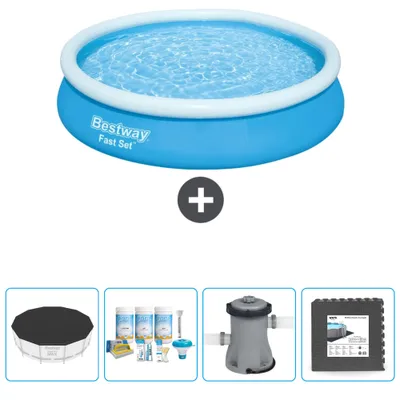 Obrázek produktu pro Bestway kulatý nafukovací rychlosetový bazén - 366 x 76 cm - modrý - včetně krytu - balíčku na údržbu - čerpadla - dlažby