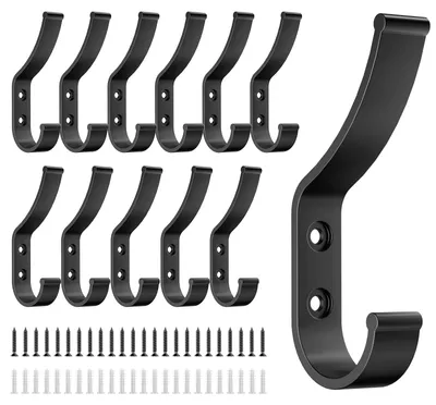 Produktbild von 12 schwarze Kleiderhaken zur Wandmontage, geeignet zum Anschrauben an Akustikpaneele, für Flur, Schlafzimmer, Küche, für Mäntel, Hüte, Schals und Handtaschen.
