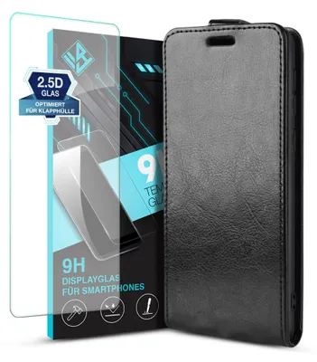 A black flip phone case and a screen protector are displayed side-by-side.