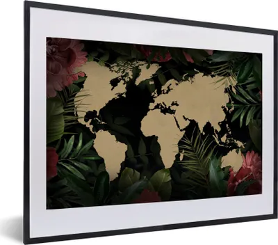 Produktbild von MuchoWow® MuchoWow® Gerahmtes Poster Weltkarte - Blumen - Tropische Pflanzen 60x40 cm - Poster mit zchwarzem Bilderrahmen - Schlafzimmer - Plakat in Rahmen - Drucken