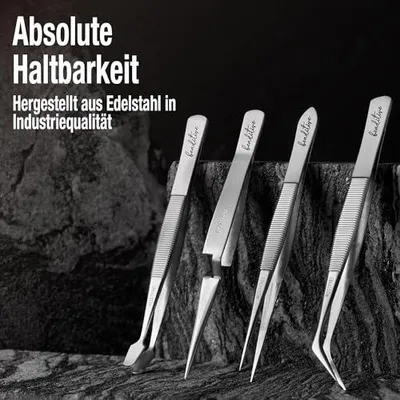 Produktbild von Professionelles Präzisionspinzetten - Set aus Edelstahl - Bastelpinzette für Schmuck und Nagelkunst - 4 - teiliges hochpräzises Schmuckpflückwerkzeug