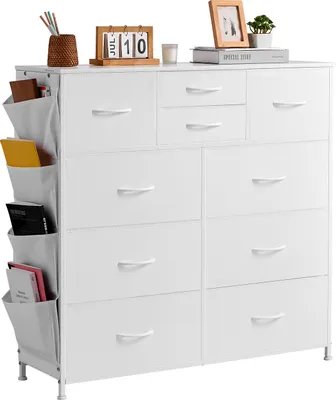 A white fabric dresser with 10 drawers and side storage pockets, displayed on a white background.