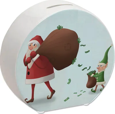 Produktbild von Weihnachtsmann mit einem Sack voll Geld und Weihnachtself Spardose