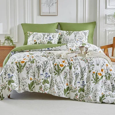 Immagine prodotto di Set di lenzuola in cotone, verde/bianco, 240x220 cm + 2 federe 50x75 cm, motivo foglie, 3 pezzi