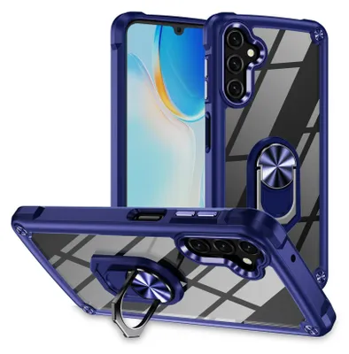 A transparent phone case with a blue frame and a built-in ring holder is displayed from multiple angles against a white background.