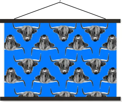 Produktbild von MuchoWow® Textilposter Schottisches Hochlandrind - Muster - Blau 150x100 cm mit schwarzem Rahmen - Schlafzimmer