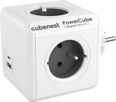 A white Cubenest PowerCube with multiple outlets and USB ports is shown against a white background.