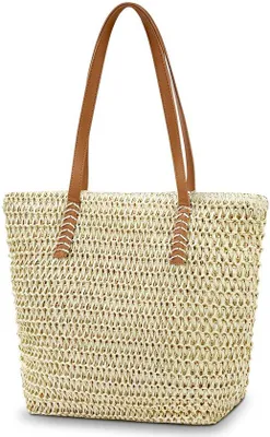 Obrázok produktu pre Uniqoos® Veľká plážová taška z prírodného materiálu, 37 x 33 x 13 cm – ľahká plážová taška s látkovou podšívkou, zipsom, pevnými rúčkami a priestorom pre tablet a plážové príslušenstvo