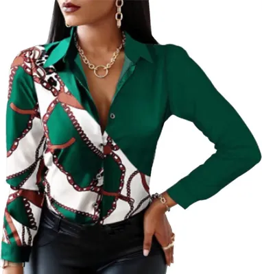 Produktbild von ASKSA Damen Bluse V-Ausschnitt Drucken Patchwork Hemd Elegant Button Tunika Langarm, Rot Grün Rechteck, XL