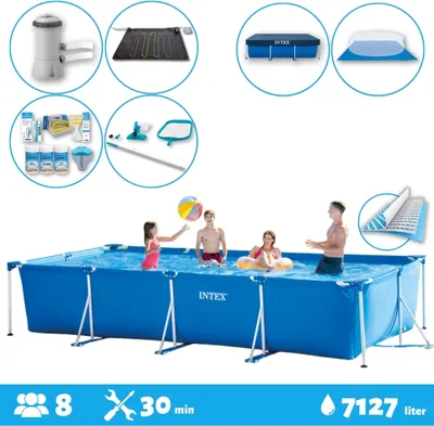 Produktbild von Intex-Schwimmbecken mit rechteckigem Rahmen – 450 x 220 x 84 cm – Blau – im Lieferumfang enthalten Abdeckung - Bodenplane - Filterpumpe für Schwimmbad - Solarmatte - Wartungspaket - Reinigungskit