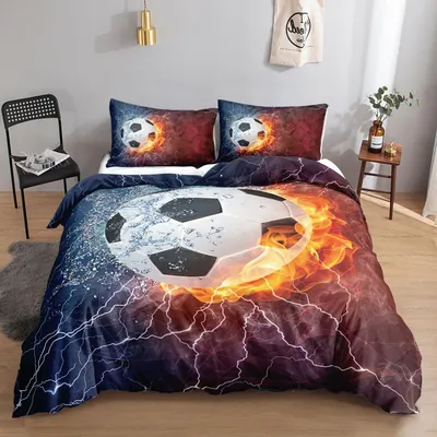 Zdjęcie produktu dla Komplet pościeli piłkarskiej dla dzieci, z motywem lodu i ognia, 155x220 cm, 2 poszewki 80x80 cm