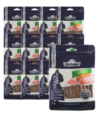 Produktbild von Dehner Premium Katzensnack, Leckerli getreidefrei / zuckerfrei, für ausgewachsene / sensible Katzen, Hähnchenfleisch-Sticks, 12 x 50 g (600 g)