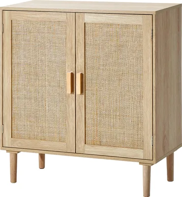 A light wood cabinet with woven rattan doors and wooden legs, presented against a white background.