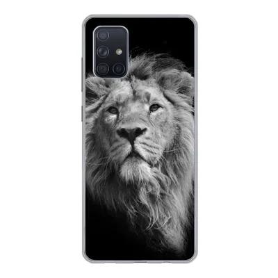 Produktbild von MuchoWow® Handyhülle Schutzhülle Hülle für Samsung Galaxy A51 Asiatischer Löwe vor schwarzem Hintergrund in Schwarz und Weiß Silikon Softcase Handy Hülle - Schutzabdeckung