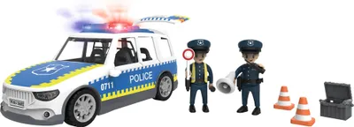A toy police car with accessories and two toy police officers.