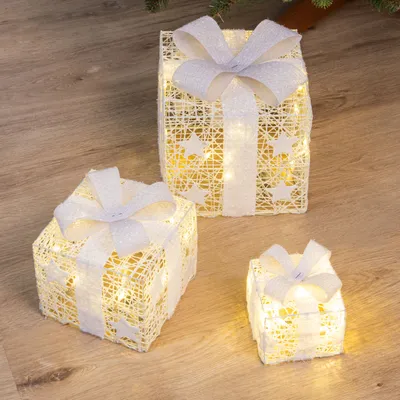 Produktbild von LED Geschenk Boxen 3er Set - WEIß - Weihnachten Deko Beleuchtung Timer Batterie