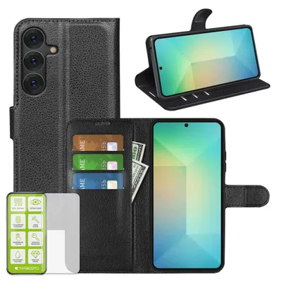 Image de Étui portefeuille en similicuir noir pour Samsung Galaxy S25 Plus 5G + verre de protection