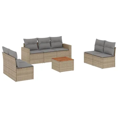 Produktbild von Garten-Sofagarnitur, 8-teilig, modular, mit Stauraum, wasserabweisendem Beutel, Poly Rattan, Akazienholz-Tischplatte, UV-beständig, Beige, Hellgrau